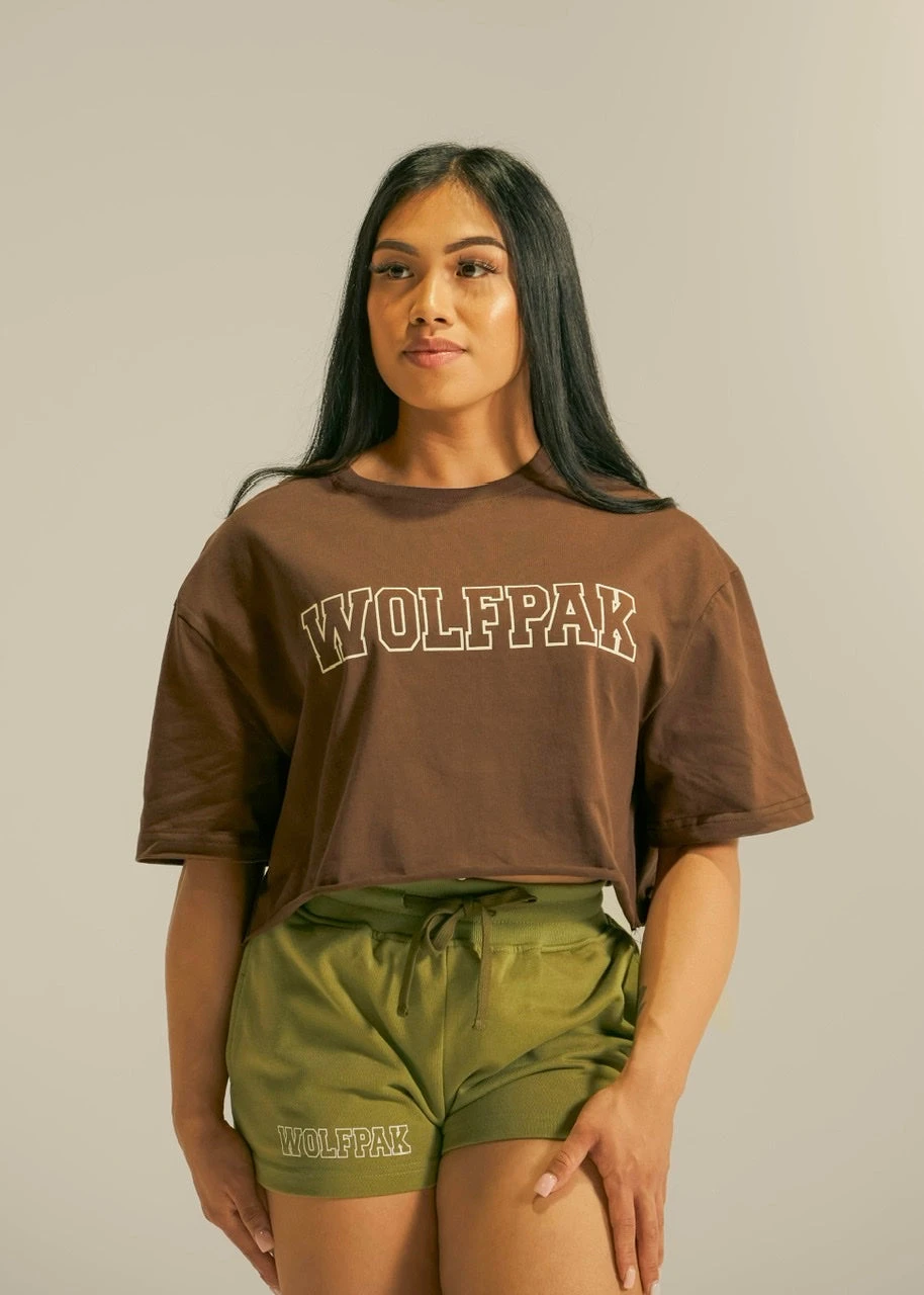 Women's Varsity Cropped Tee Mocha Brown 2 Women's Varsity Cropped Tee Mocha Brown - Image 2